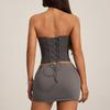 Damen Color Block Mesh Panel Korsett Top Trägerlos Vorne Schnürung Tube Top Sexy Clubwear