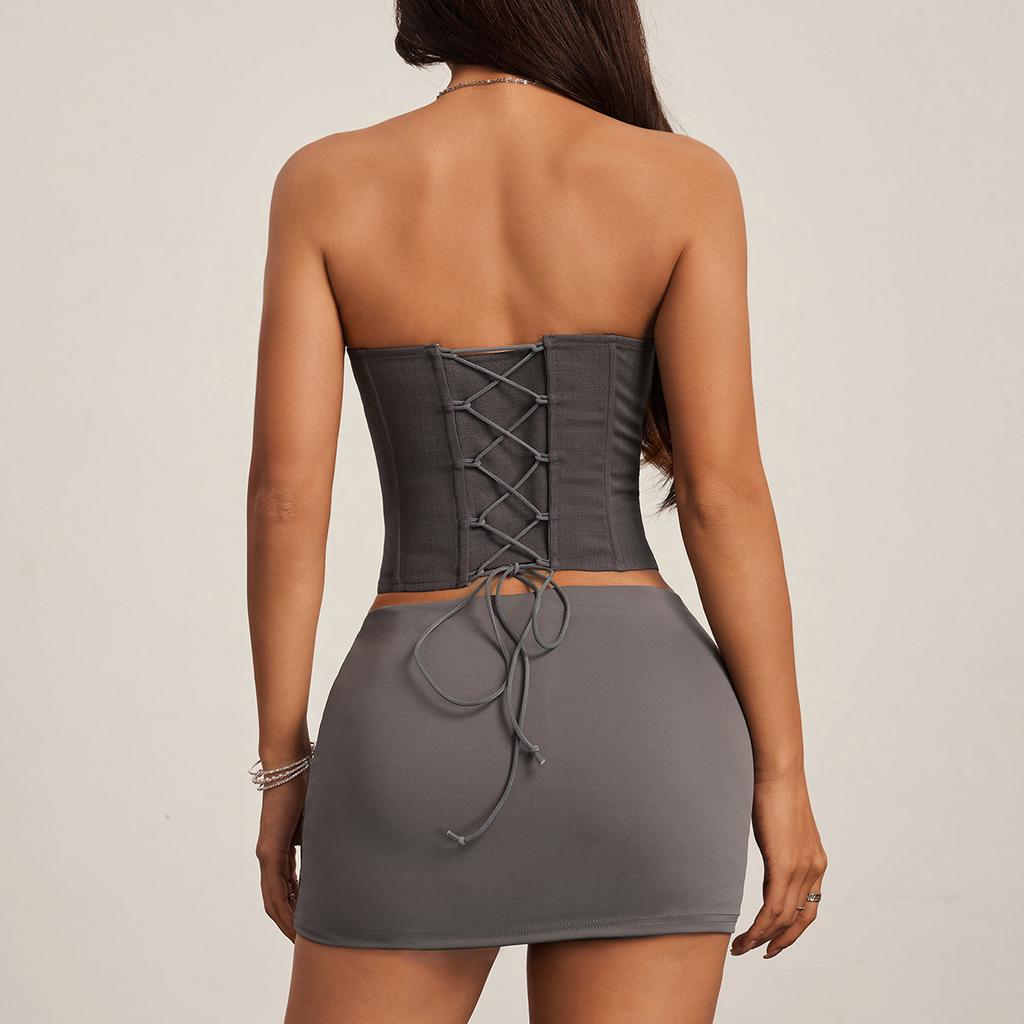 Damen Color Block Mesh Panel Korsett Top Trägerlos Vorne Schnürung Tube Top Sexy Clubwear