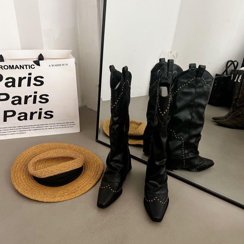 Summer 2025 New Vintage Pointed Western Boots Women's Brown Riveted Pants Boots Versatile Thick Heel Fashion Boots