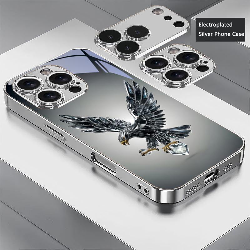 Diamond Eagle Art Electroplated Silver Phone Case For iPhone 17Air 17 16 15 14 13 12 11 Pro Max Plus 16E XR 7 8 X Xs Glass Cover