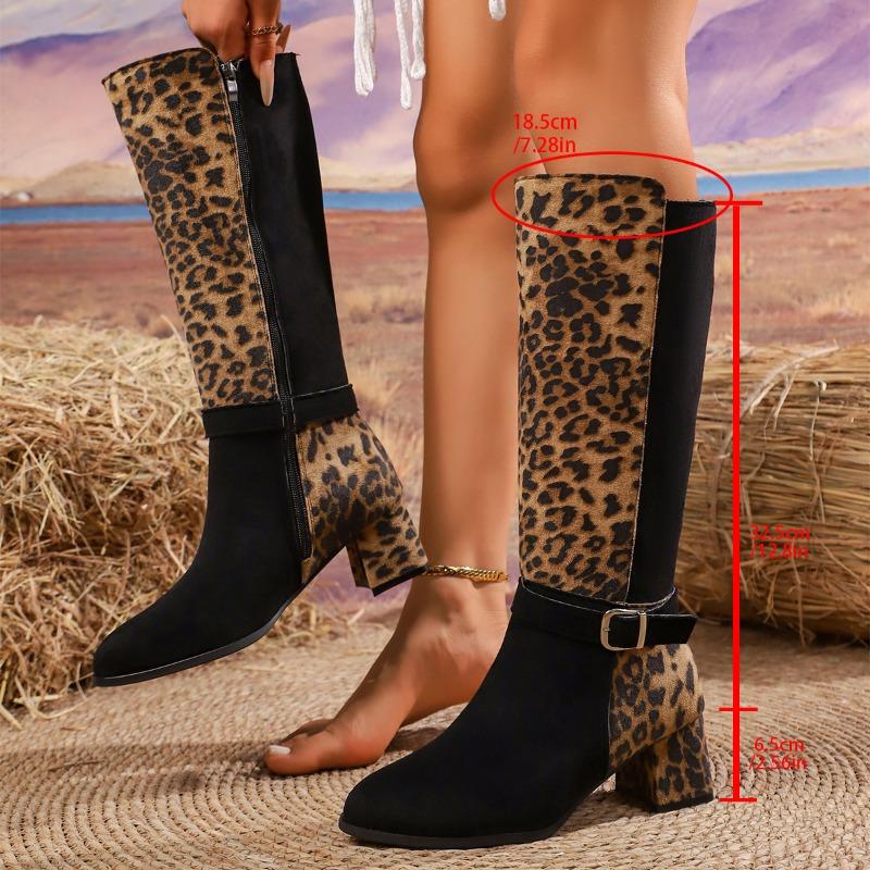 

Leopard Print Paneled Suede Zipper Block Heel Tall Boots Fashion Pointed Toe Metal Buckle Zipper Non-Slip Shoes for Women 36 цветной печати леопарда