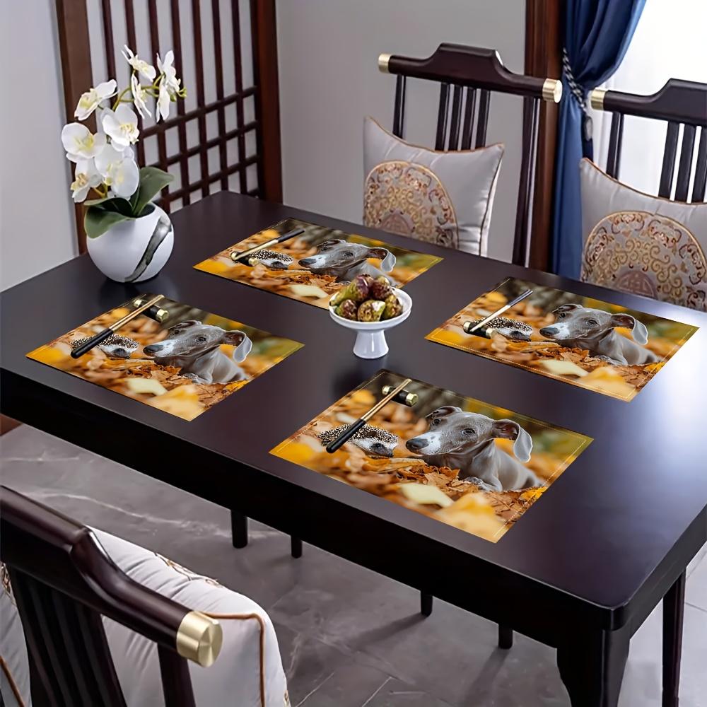 4pcs Set, Greyhound and Hedgehog Pattern Placemats, Fashionable Printed Table Mats, Suitable for Dining Tables, Kitchens, Parties, Indoor Use, Holiday