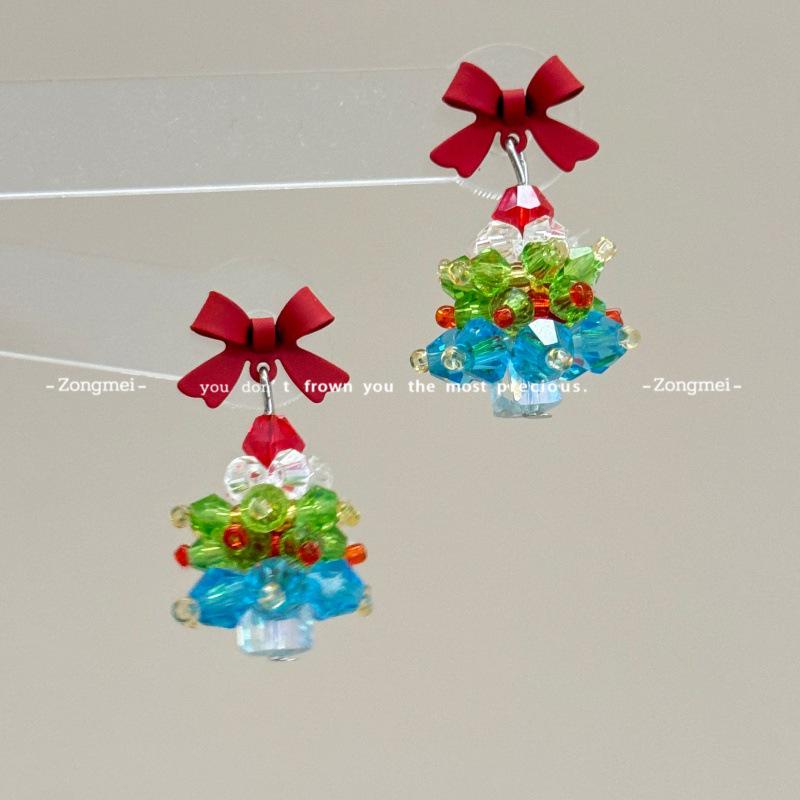 3D Christmas Tree Earrings with Red Bow - Heavy Beaded Crystal Ear Clips, Hand-Woven Holiday Accessories