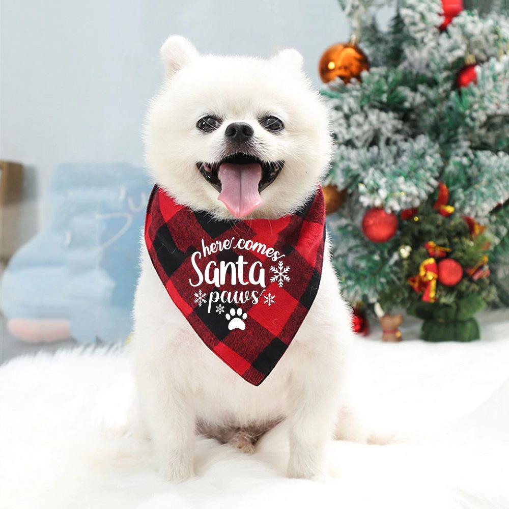 Santa's Little Yelper Printing Dog Christmas Bandanas Pet Christmas Gift Xmas Dog and Cat Bandanas Plaid Triangle Scarf Bibs