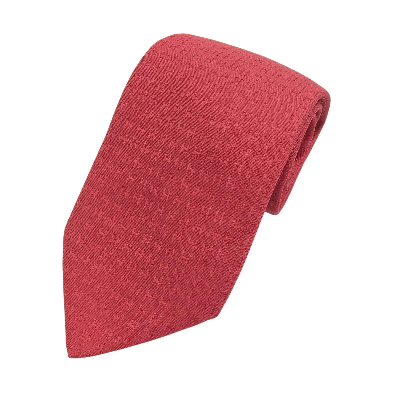 Excellent HERMES tie H-patterned silk twill tie Red silk mens Used