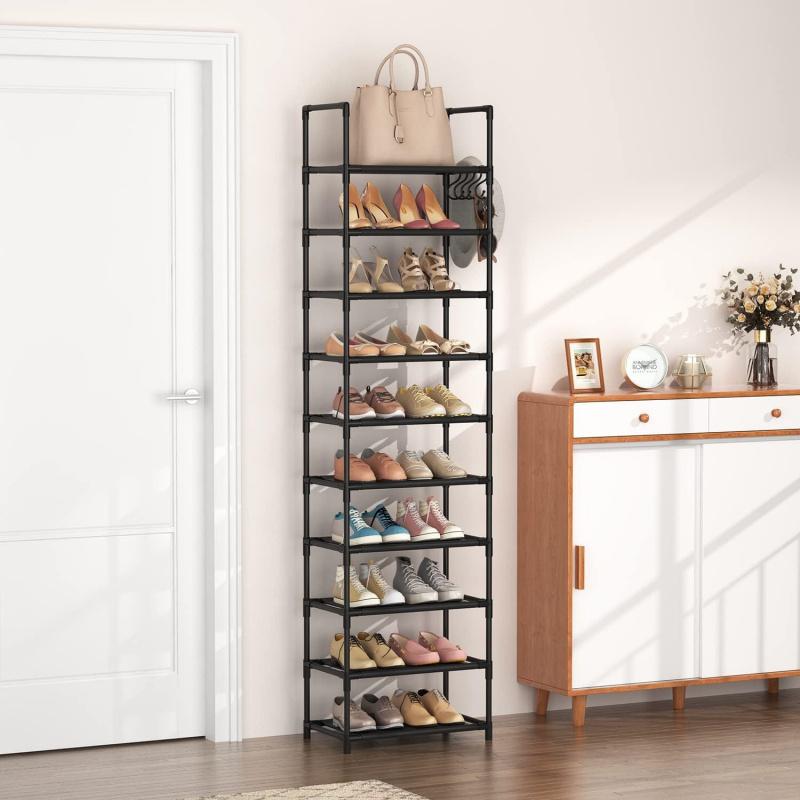 10 Tiers Tall Shoe Rack 20  Pairs Boots Organizer Storage Sturdy Narrow Shoe Shelf for Entryway Closets with Hooks  Black