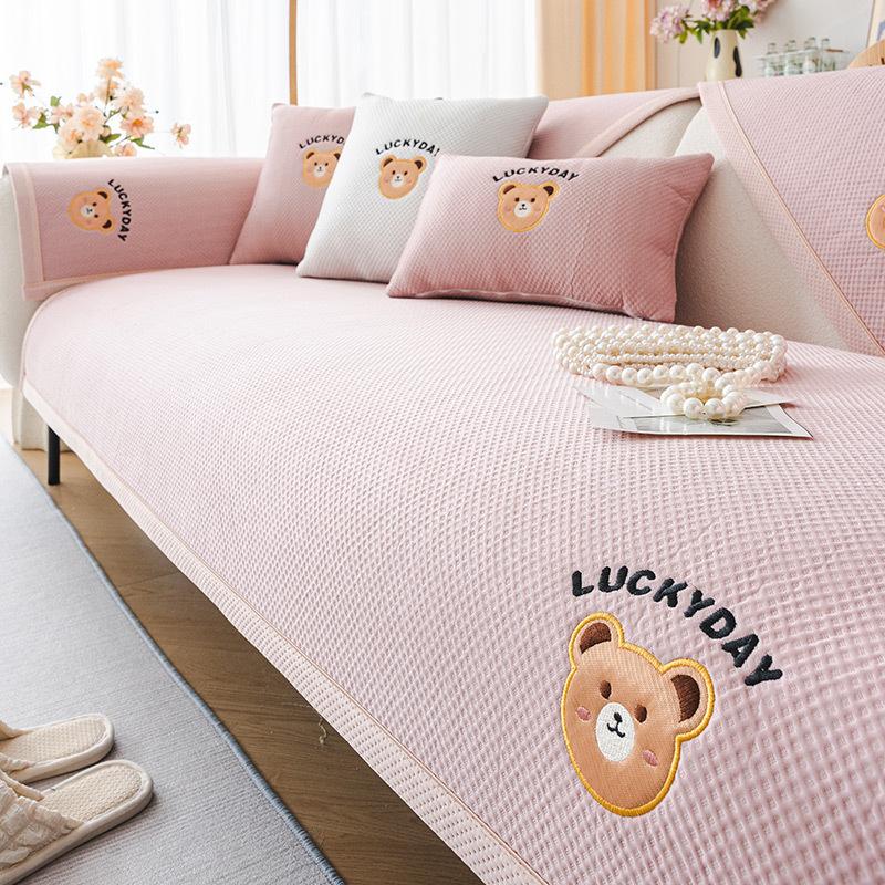 Simple Cartoon Bear Sofa Cushion Summer Seat Cushion Backrest Towel Non-Slip Wear-Resistant Sofa Cover Towel