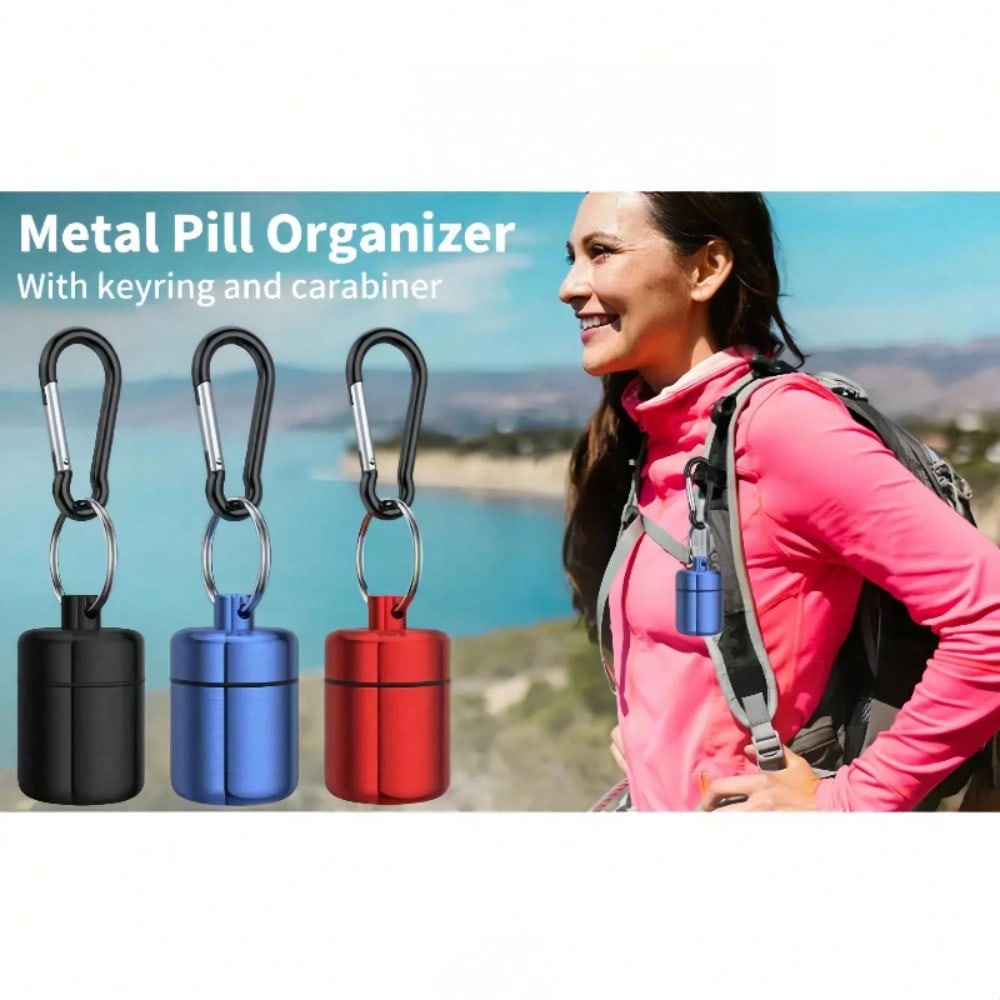 1pcs Portable Metal Sealed Pill Case with Carabiner, Moisture-proof Storage Container, Pill Box, Keychain Pill Holder, Mini Metal Pill Bottle