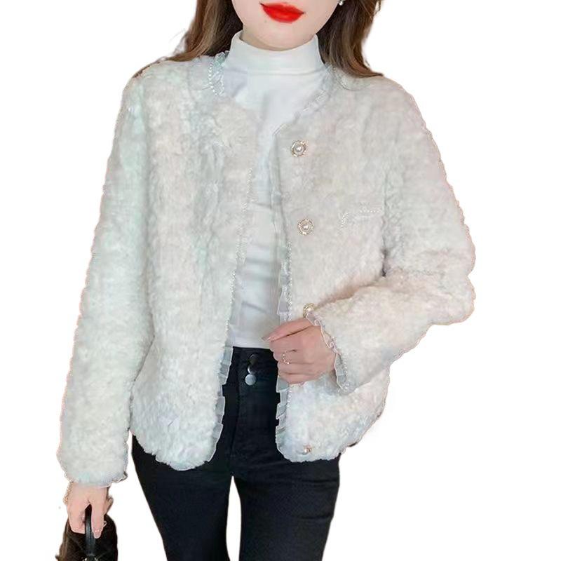 Chaqueta de Lana de Cordero Estilo Coreano con Cuentas para Otoño/Invierno para Mujer