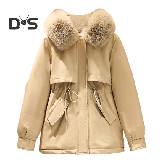 Casaco de inverno feminino com capuz peludo, mangas compridas, acolchoado, cordão, bolsos na cintura, casaco de algodão, fecho de zíper, comprimento médio, cor sólida, à prova de vento, casaco quente