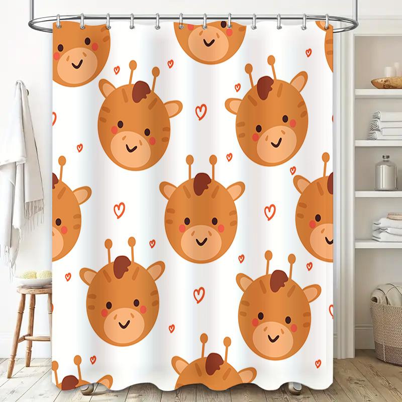 Cute Cartoon Giraffe Shower Curtain for Children's Bathroom Decor White Background with Red Hearts Pattern Made In China (White)