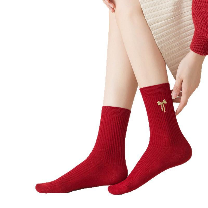 New Year Golden Embroidered Big Red Socks, Golden Horse Heart Bow, Simple Mid-calf Cotton Socks