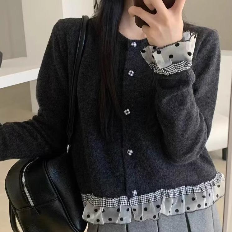 Korean Style Sweet Autumn/Winter 2025 Lace Polka Dot Knit Cardigan Women