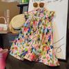 Girls Summer Oil Painting Floral Dress Cute Flutter Sleeve Princess Vest Dress Fresh And Stylish Children Party Sundress