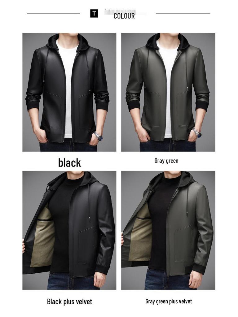 Men's Versatile Hooded Leather Jacket - Plus Velvet, Thickened Sheepskin, Warm Casual Dad Style Outerwear for All Ages