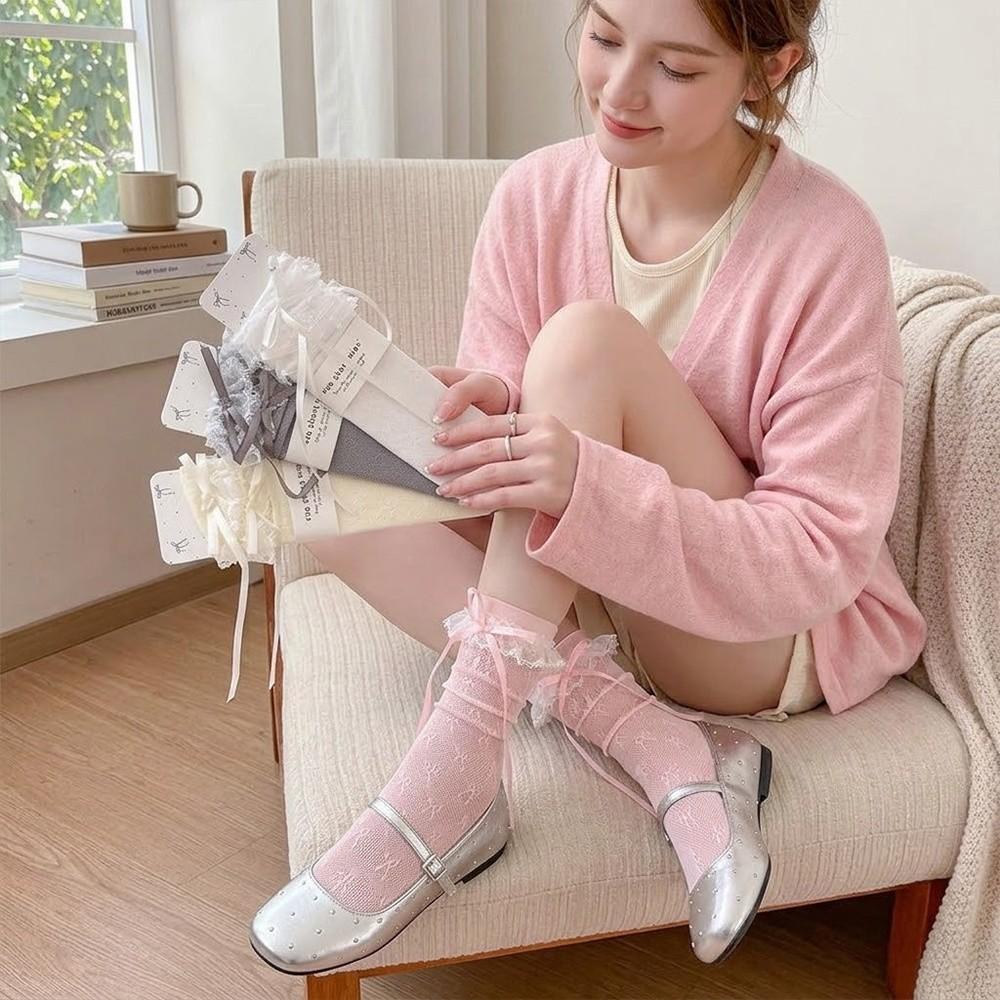 Fashion Hollow Lace Lace Calf Socks Bowknot Detail Breathable Fishnet Stockings High Elastic Thin Lolita Socks Daily Wear