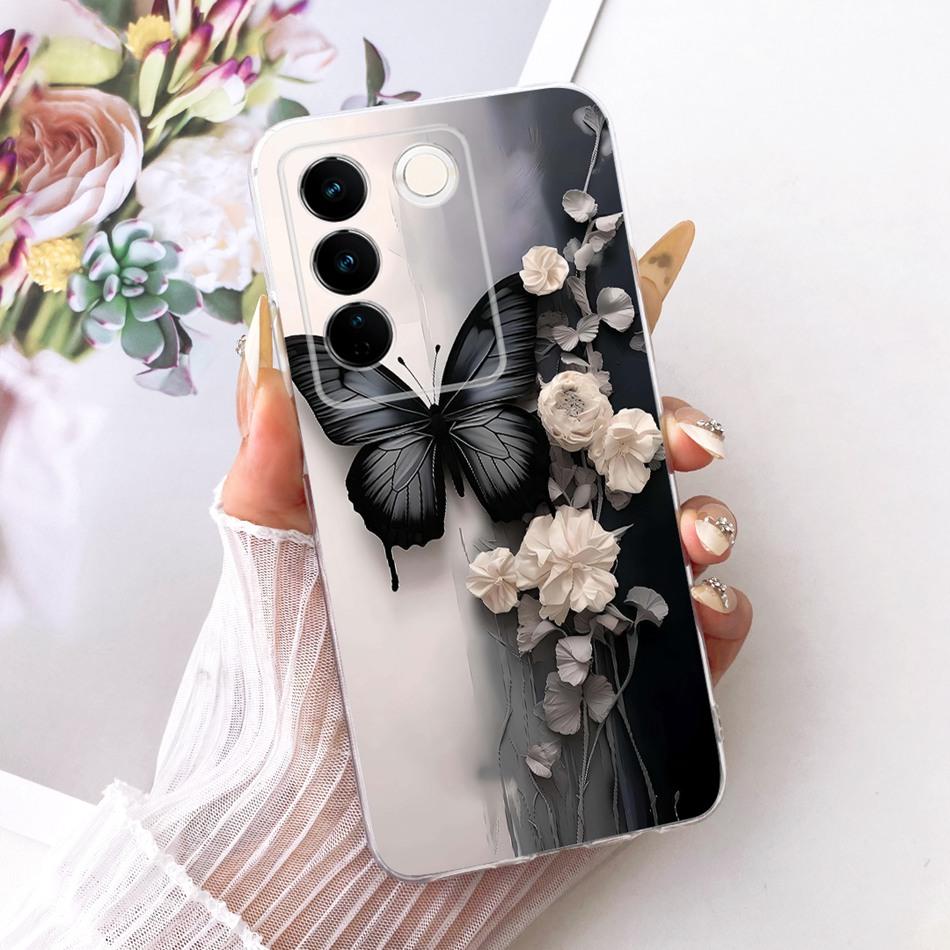 For Vivo V27 V27Pro Cute Flower Butterfly Cat Painted Case For Vivo V 27 V27 Pro V2230 V2231 Soft Silicone TPU Phone Cases