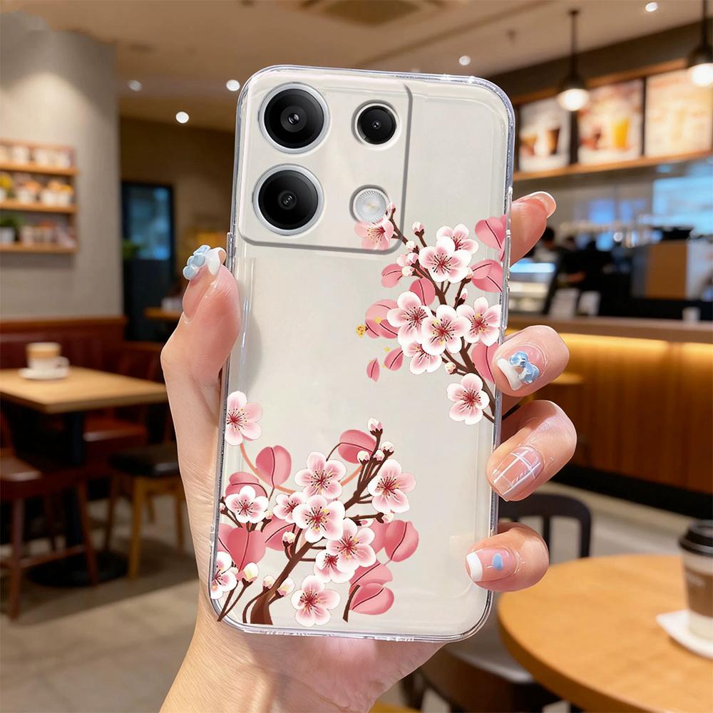 Ink Peony Wildflower Floral Clear Phone Case For Xiaomi Redmi Note 13 12 11 8 9 10 Pro 12s Shockproof Soft TPU Transparent Cover