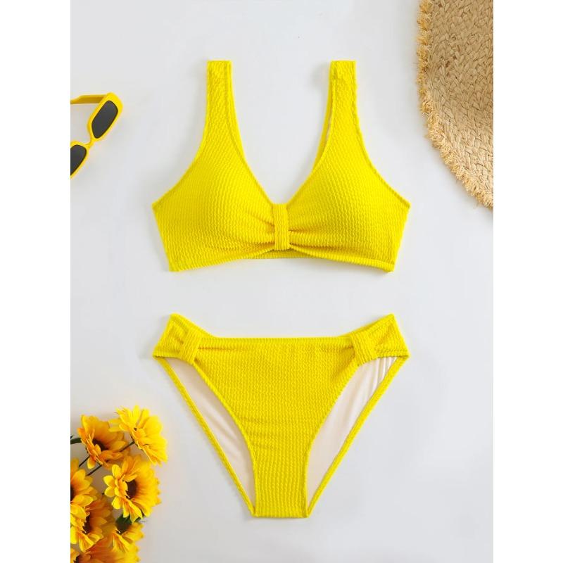 Summer New Women's 2 Piece Swimsuit Solid Color High Waist Bikini Set V-neck Backless Beach Vacation Bathing Suit Swimwear