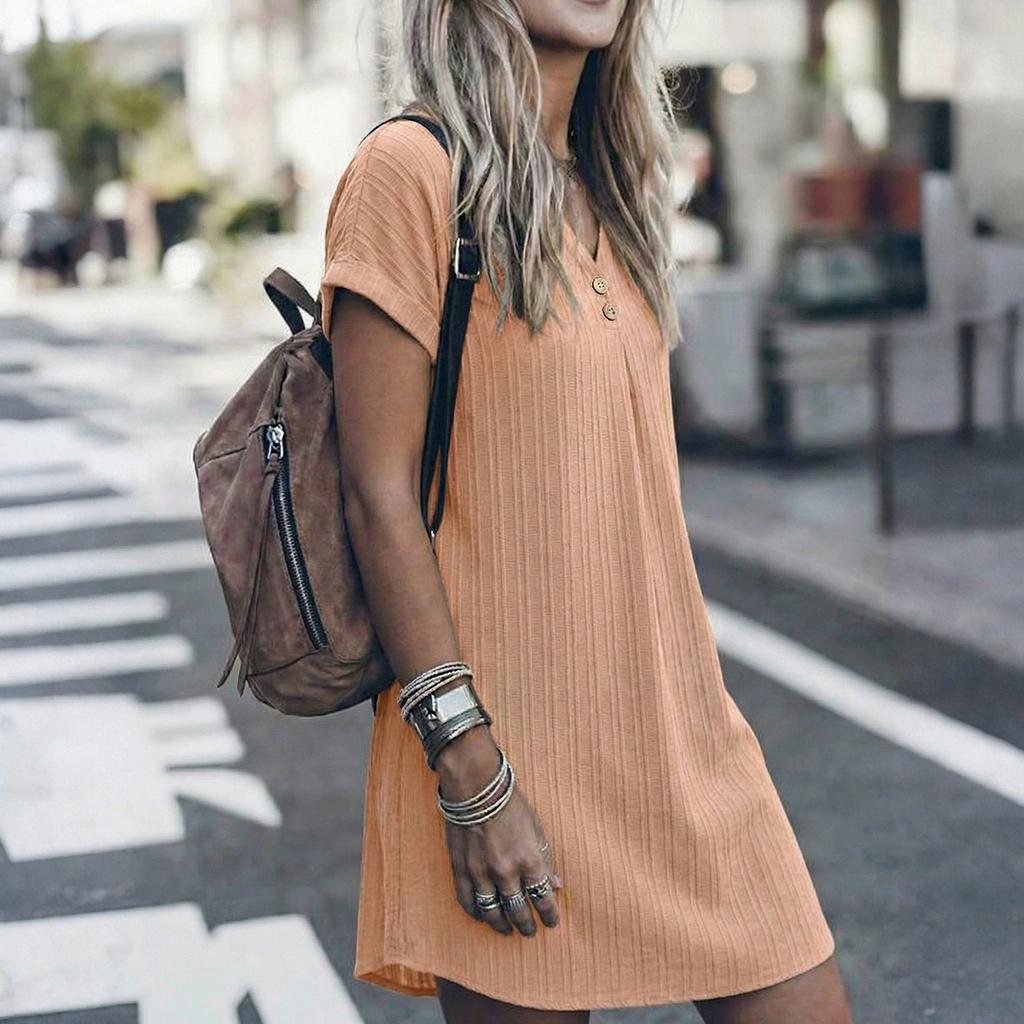 Women's Striped Shirt Dress Short Sleeve Button Front Casual Loose Fit Dress