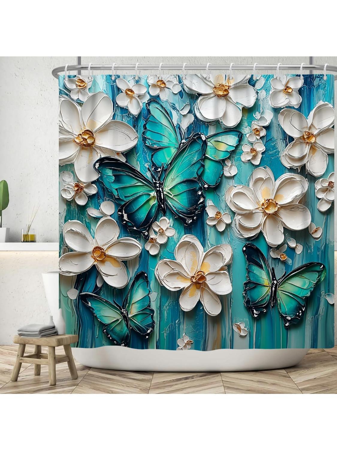 

Butterfly Shower Curtain Green Blue Oil Painting White Boho Flowers Bathroom Curtains Rustic Farmhouse Floral Washable Shower 90x180CM