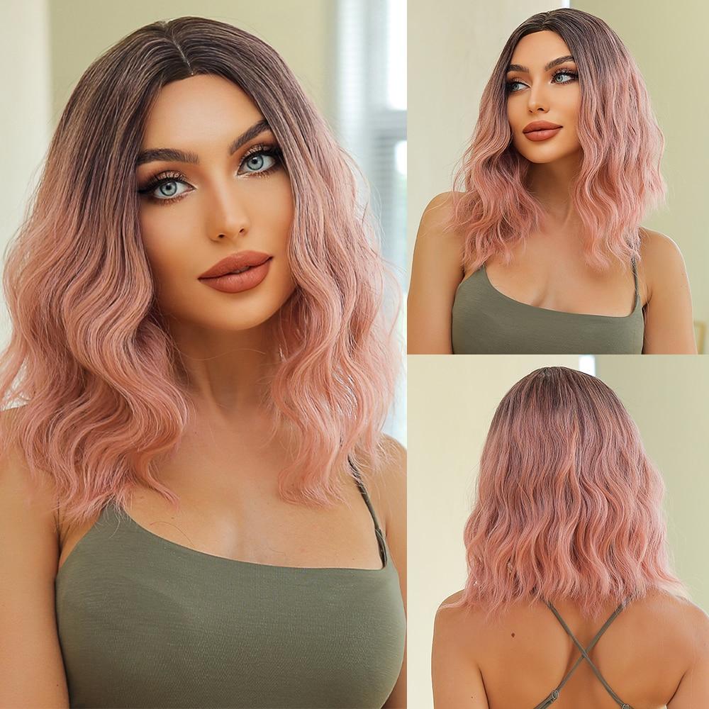 ALAN EATON Medium Long Water Wave Ombre Brown Blonde Synthetic Wigs Natural Middle Part Heat Resistant Hair Wigs for Black Women