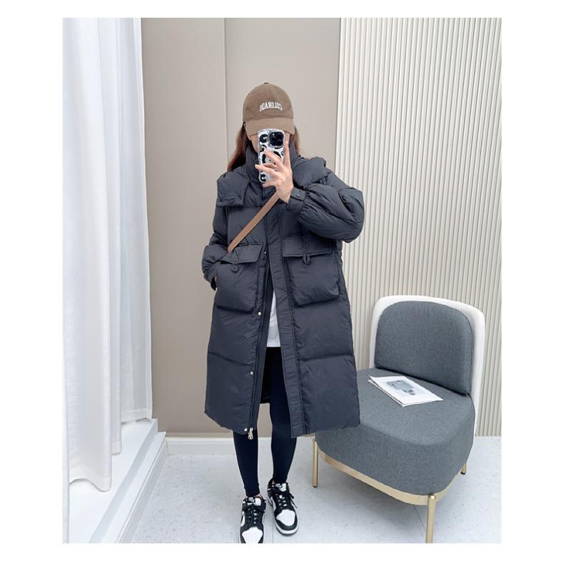 Down jacket women's medium and long knee winter new waist fashion loose thickened hooded white duck down