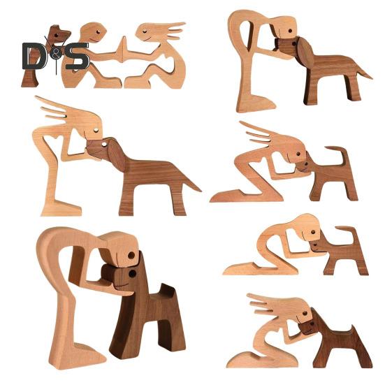 Hund Holzskulptur Haustier Gedenkgeschenk Hund und Mann Frau Statue Wohndekoration Welpe Familienfigur Geschenke für Hundeliebhaber