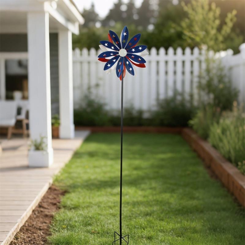 Metal Windmill Feature With Bright Red And Dark Blue Blades Great For Garden Landscape Lawn Yard And Deck Enhancement