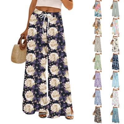 Damen Bedruckte Weitbeinige Hosen mit Taschen Hohe Taille Kordelzug Lockere Freizeit-Hosen