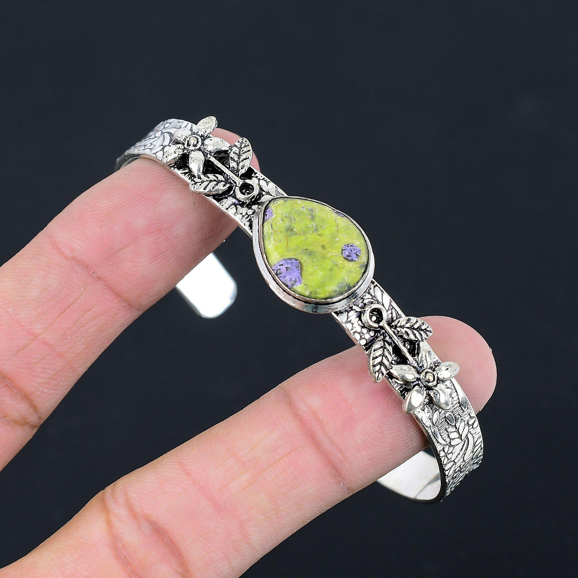 

Friendship Day Sale 925 Silver Atlantisite Gemstone Wife Flower Bangle Jewelry Adjustable
