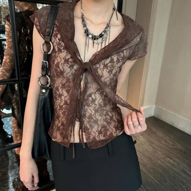 Women s Brown Lace Short-Sleeve Blouse Tie Front Sheer Floral Pattern Cropped Top S коричневый