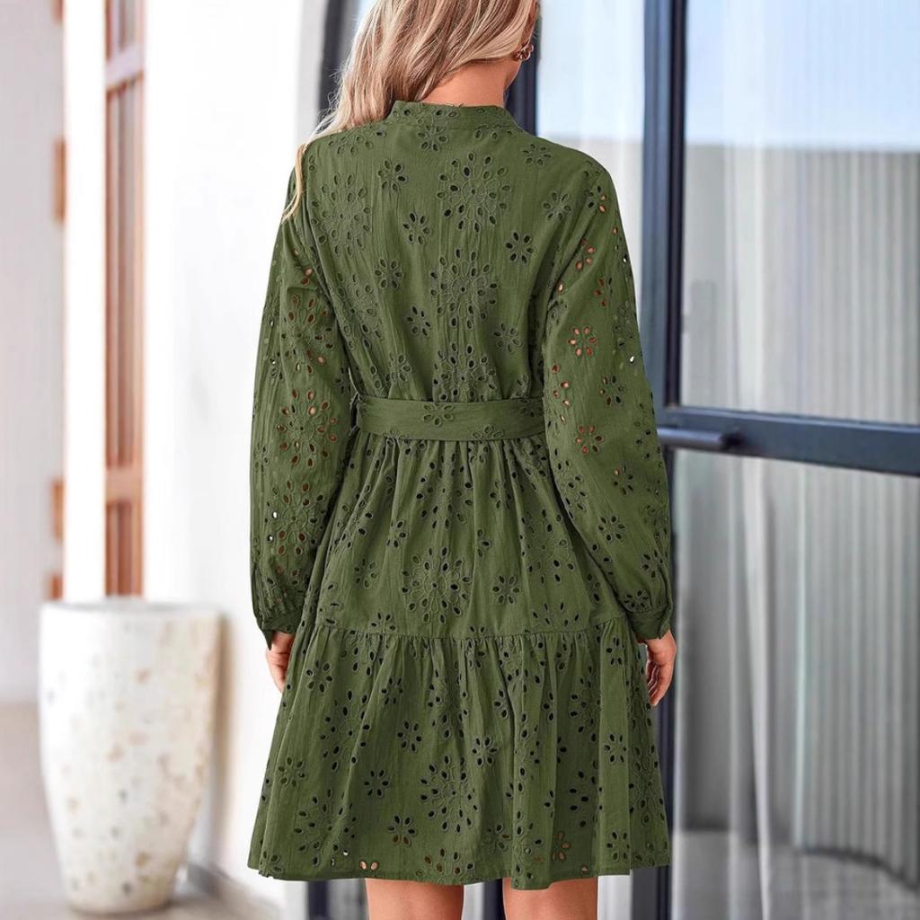 Spring Autumn Women's Hollow Out Long Sleeve Dress, European American Fashion Elegant Casual Dress