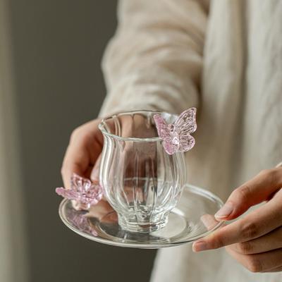 Trójwymiarowy Kubek i Spodek Motyl Prosty Szklany Kubek Kreatywny Ręcznie Robiony Zestaw Filiżanek do Kawy i Spodków Filiżanki do Herbaty Popołudniowej Prezenty