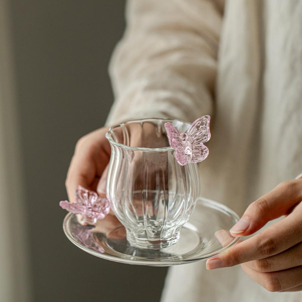 Three-dimensional Butterfly Cup&saucer Simple Glass Cup Creative Handmade Coffee Cup Dish Set Afternoon Tea Cup Plates Gifts