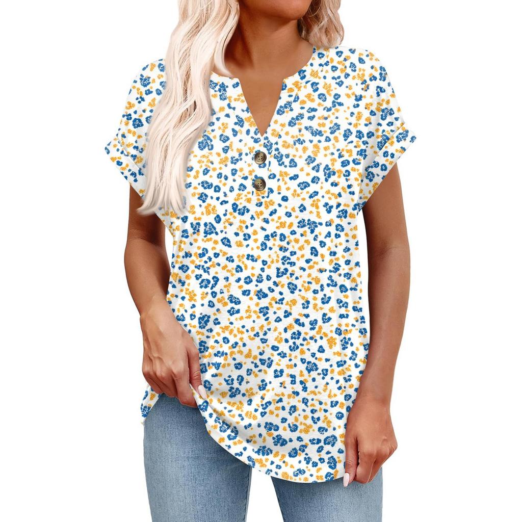 Dámský módní ležérní krátkorukávový svetr s výstřihem do V, na knoflíky, s potiskem