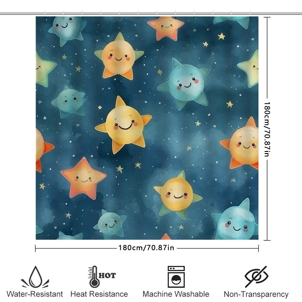 Blue Stars Shower Curtain Cute Cartoon Design For Bathroom Decorations