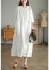 2024 Summer Artistic Loose Patchwork Cotton Linen V-Neck Mid-Length Dress with Five-Point Sleeves