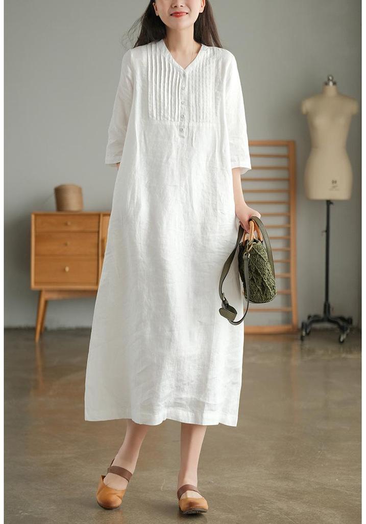 2024 Summer Artistic Loose Patchwork Cotton Linen V-Neck Mid-Length Dress with Five-Point Sleeves