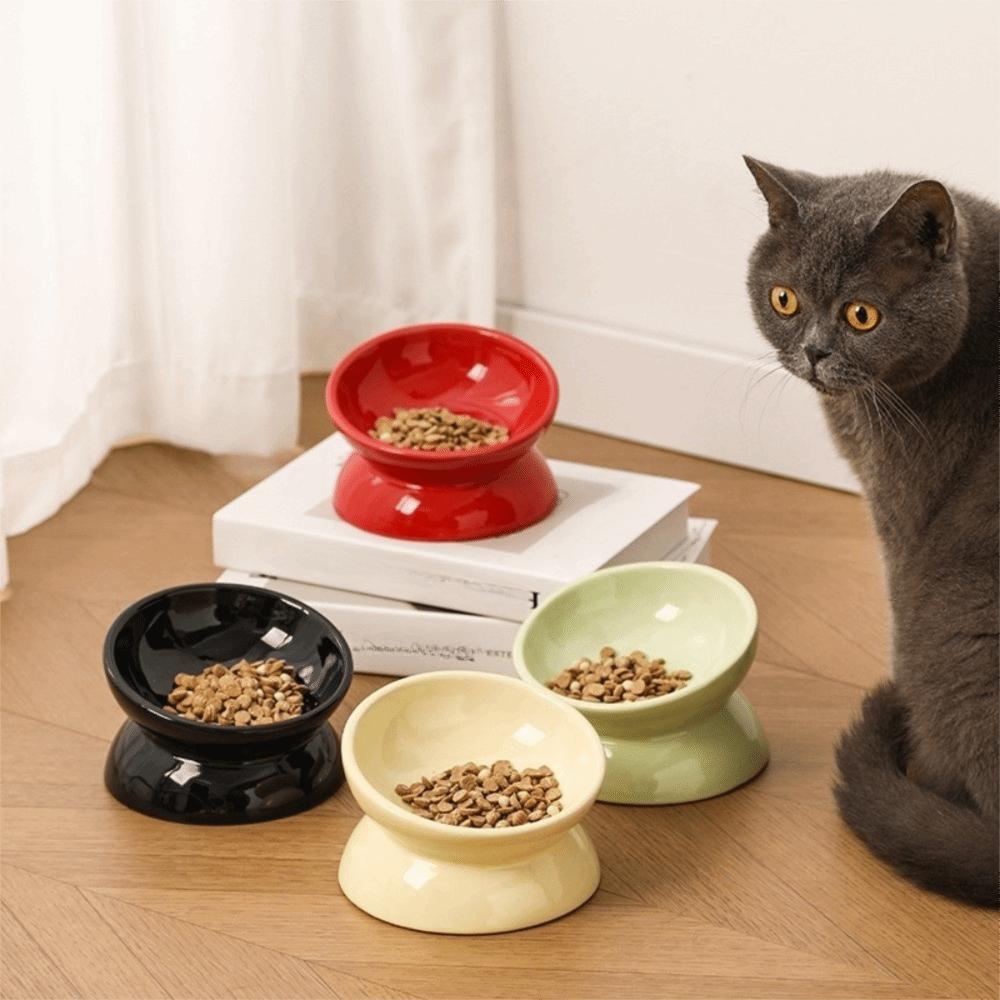 Anti Overturning Ceramic Elevated Cat Bowl Flat Bottomed Cat Feeding Bowl Cervical Protection