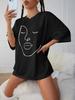 Simple Line Print Womens Face Tshirt Casual Shortsleeved Top  Comfortable Clothing Harajuku Style Shortsleeved Casual Wear