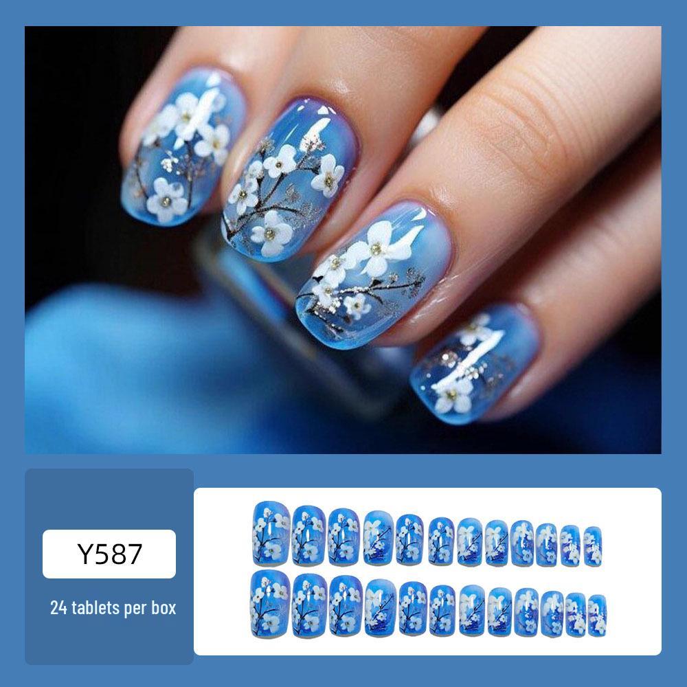 

Наклейки для ногтей с синим градиентом и цветами - Высококачественный носимый квадратный дизайн