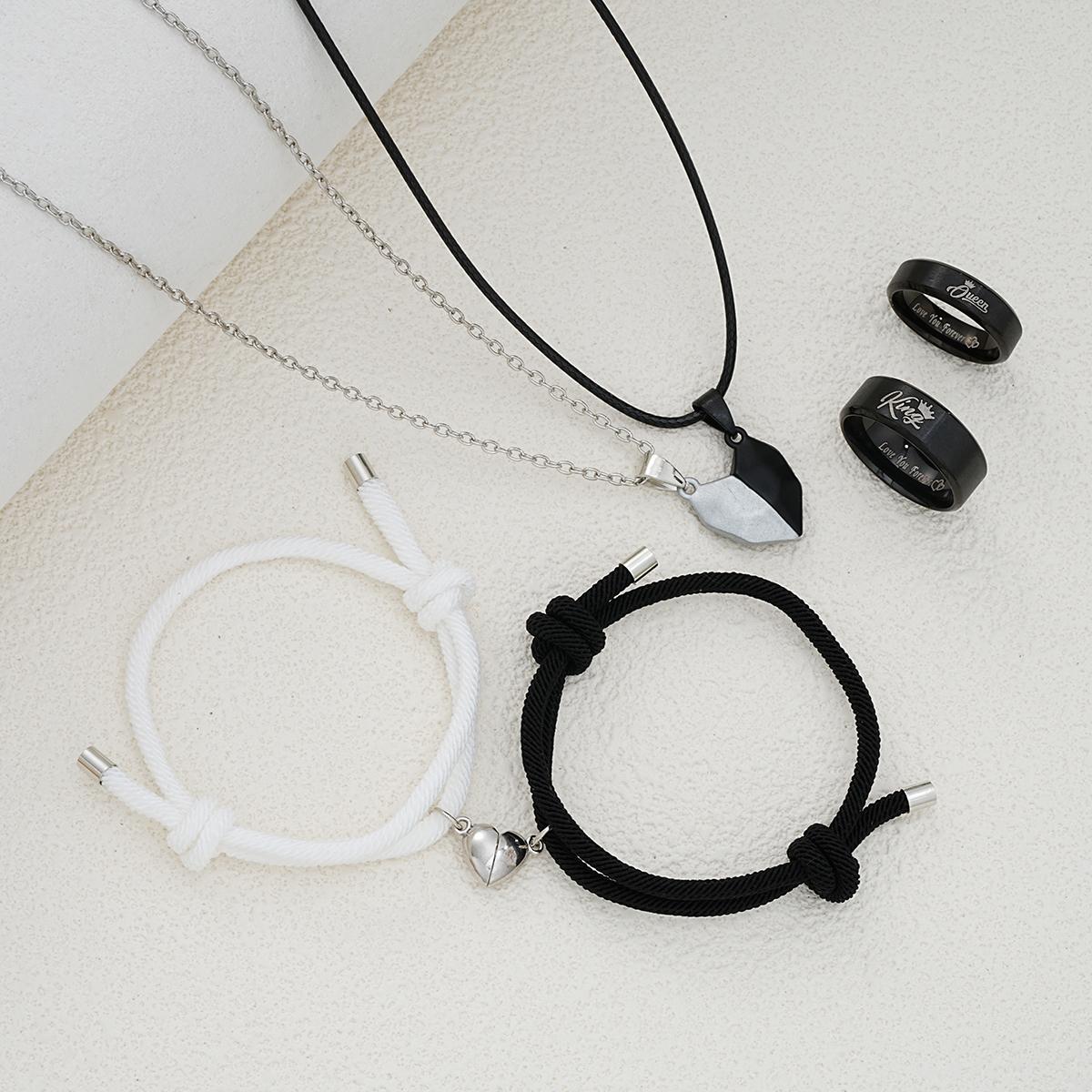 

6 Pcs Minimalist Heart Desgin Couple Jewelry Sets Black White Color Love Pendant Bracelet Necklace Letter Ring Trendy Jewelry