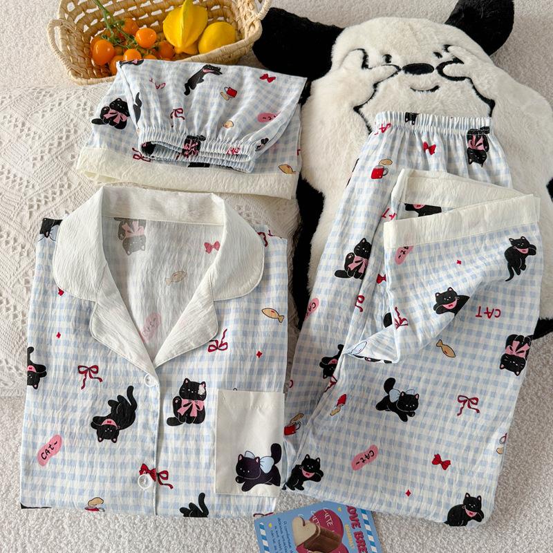 Cute Black Cat Printed Pajamas Women'S Skin-Friendly And Breathable Three-Piece Loungewear Summer Short-Sleeved Cloud Cotton