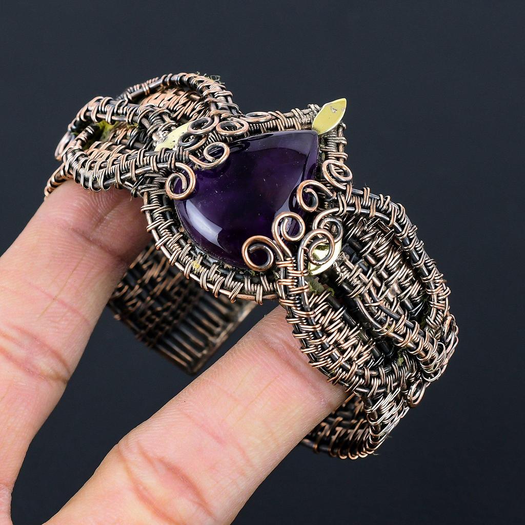 Ametist Ädelsten Handgjord Koppartråd Wrap Smycken Justerbart Armband för Hennes