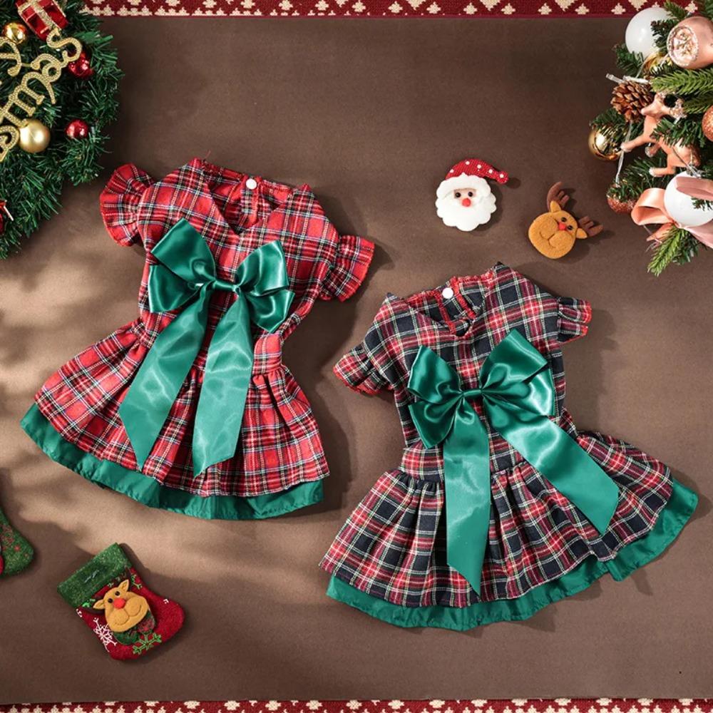 Dog Dress Pet Classic Plaid Skirt Kittens Puppies Dress Cute Little Flying Sleeves Bow Party Princess Dress New Year's Christmas