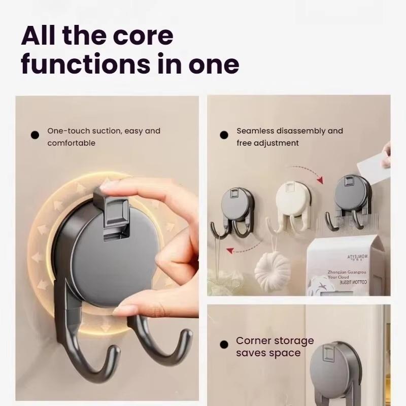 Suction Cup Hook No Drilling Required Dual Hooks Strong Load Bearing Bathroom Kitchen Door Back Clothes Hook