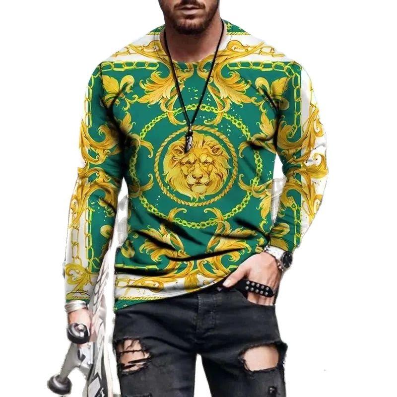 

Мужская мода весна и осень ретро классический креативный узор 3D-принт круглый вырез длинный рукав свободный личность уличный топ 5XL