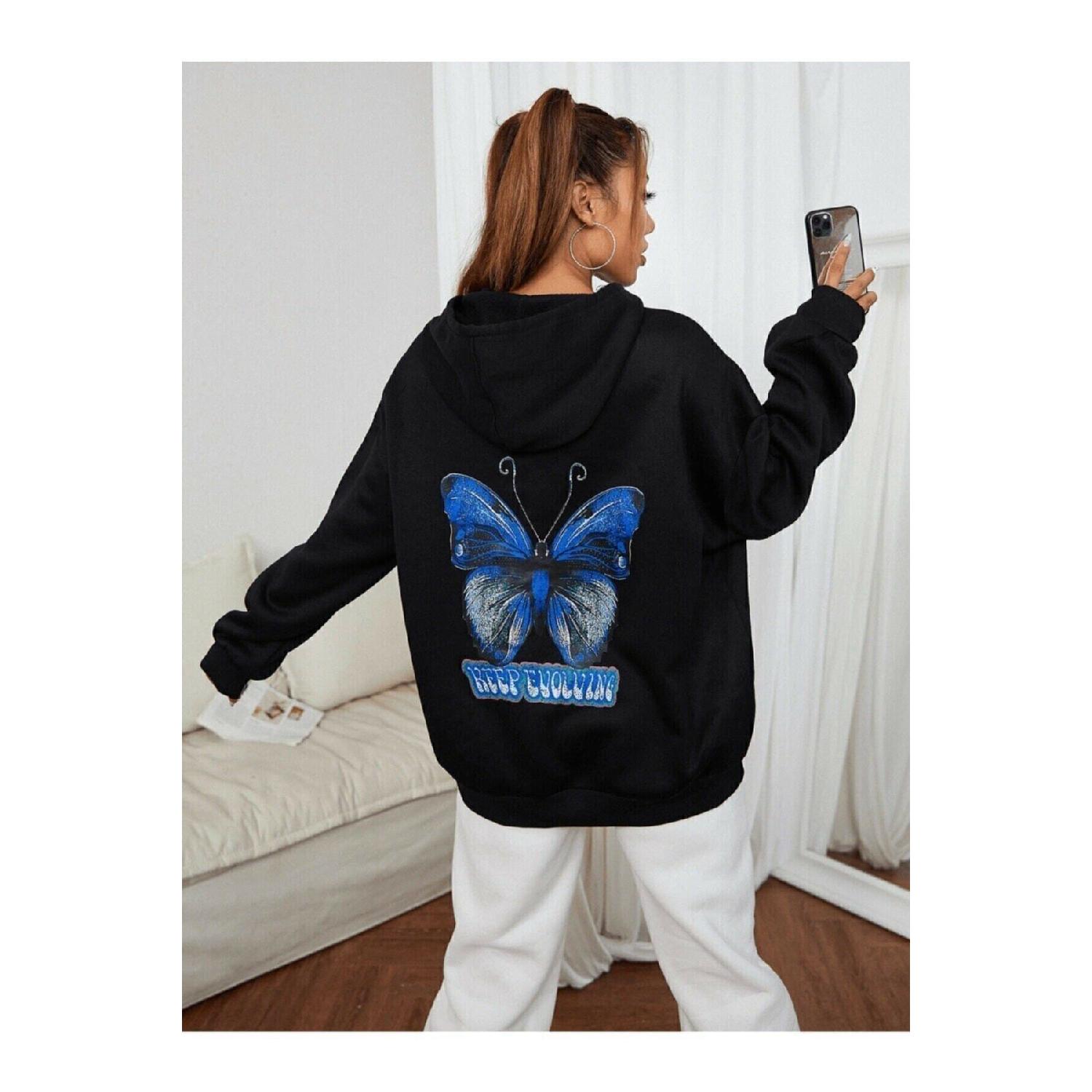 

Женская черная толстовка с капюшоном оверсайз с принтом бабочки S чёрный