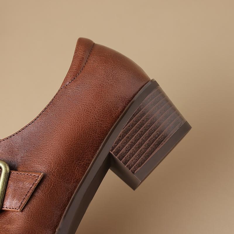 Fashion Women's New Pointed Retro Metal Belt Buckle with Genuine Leather Cowhide Mid Heel Large Oxford Single Shoes